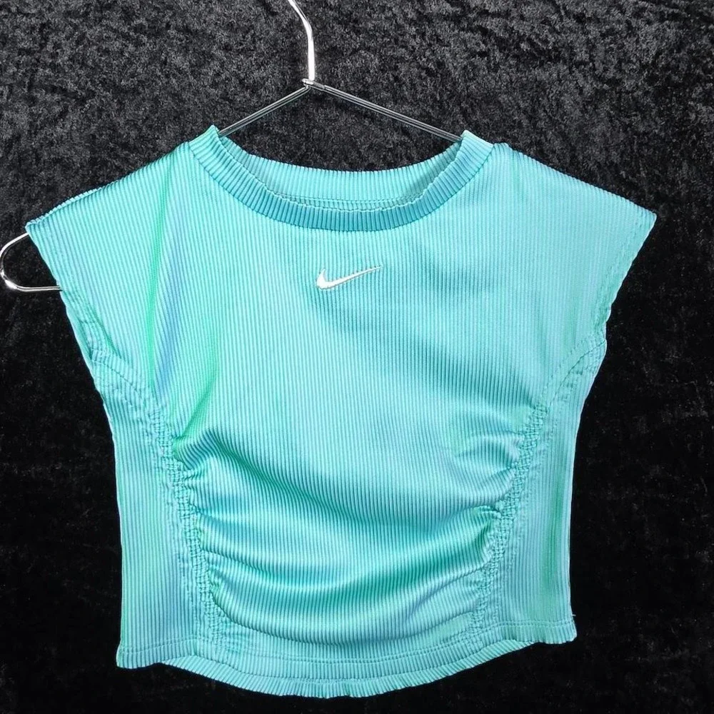 Nike Girls 3T Teal Green Ribbed Ruched Front Sleeveless Tank Top Swoosh Logo